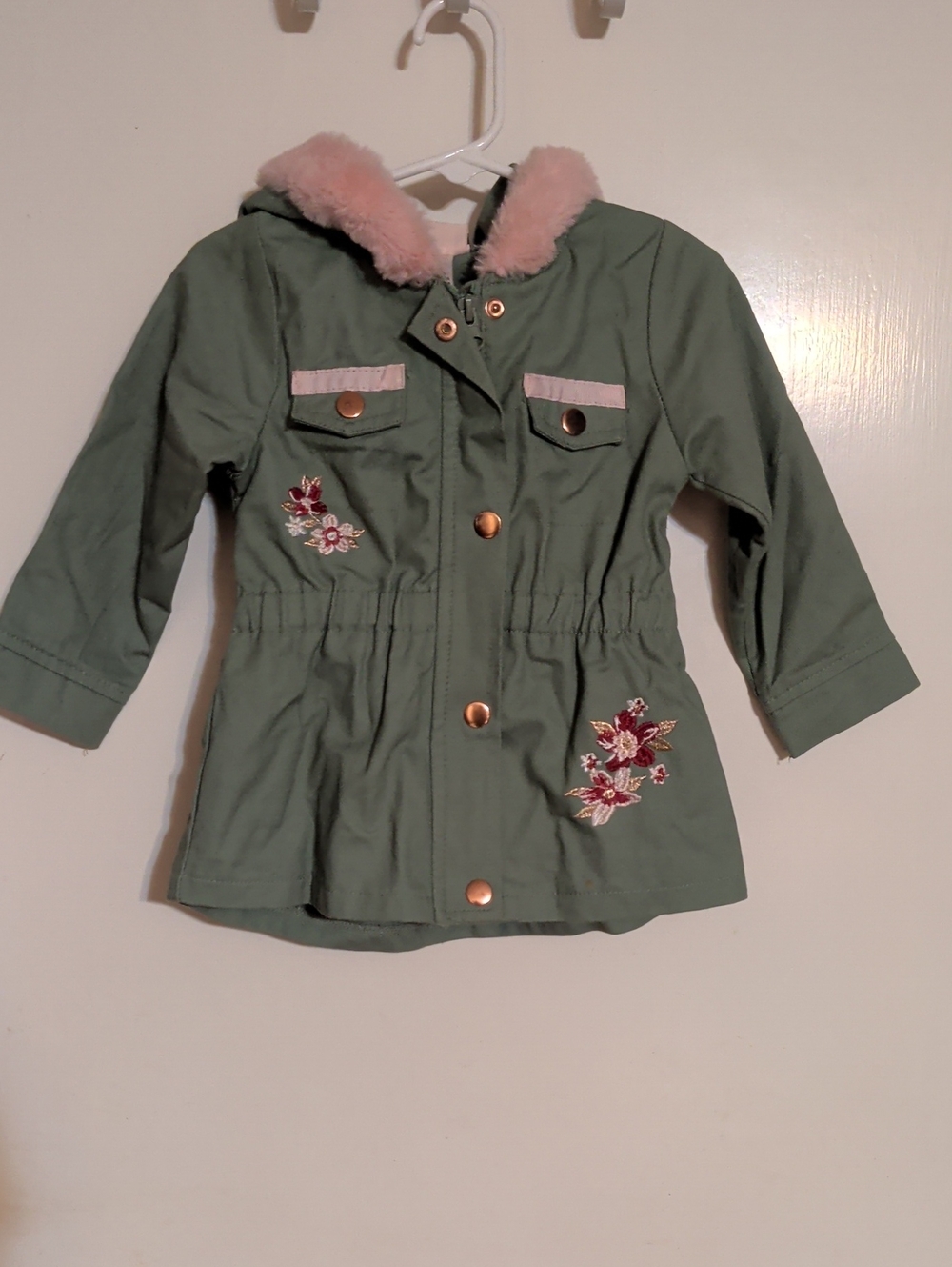 Kids Olive Green Floral Embroidered Hooded Jacket with Pink Faux Fur Trim